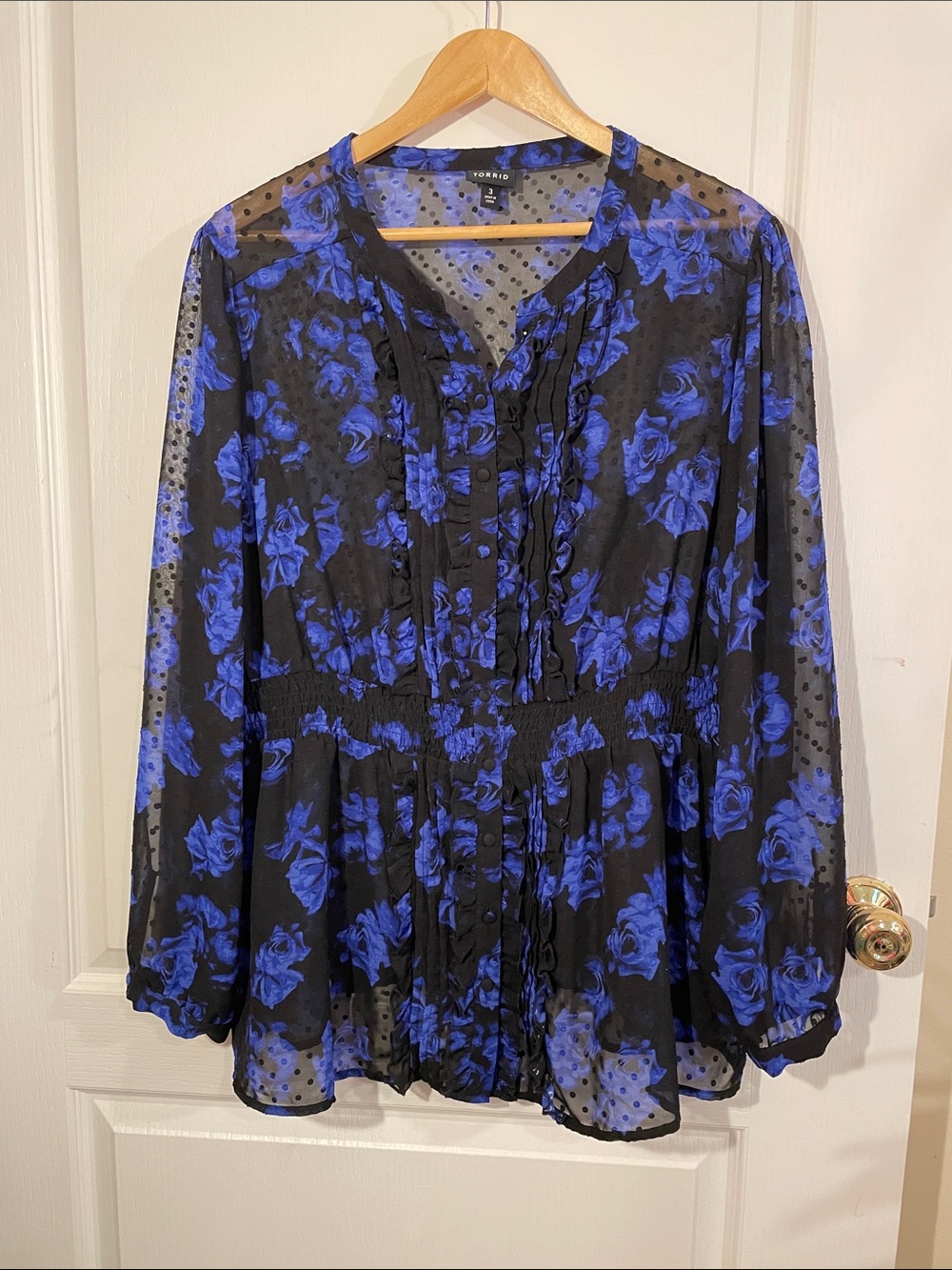 torrid Black & Electric Blue Floral Sheer Ruffle Blouse